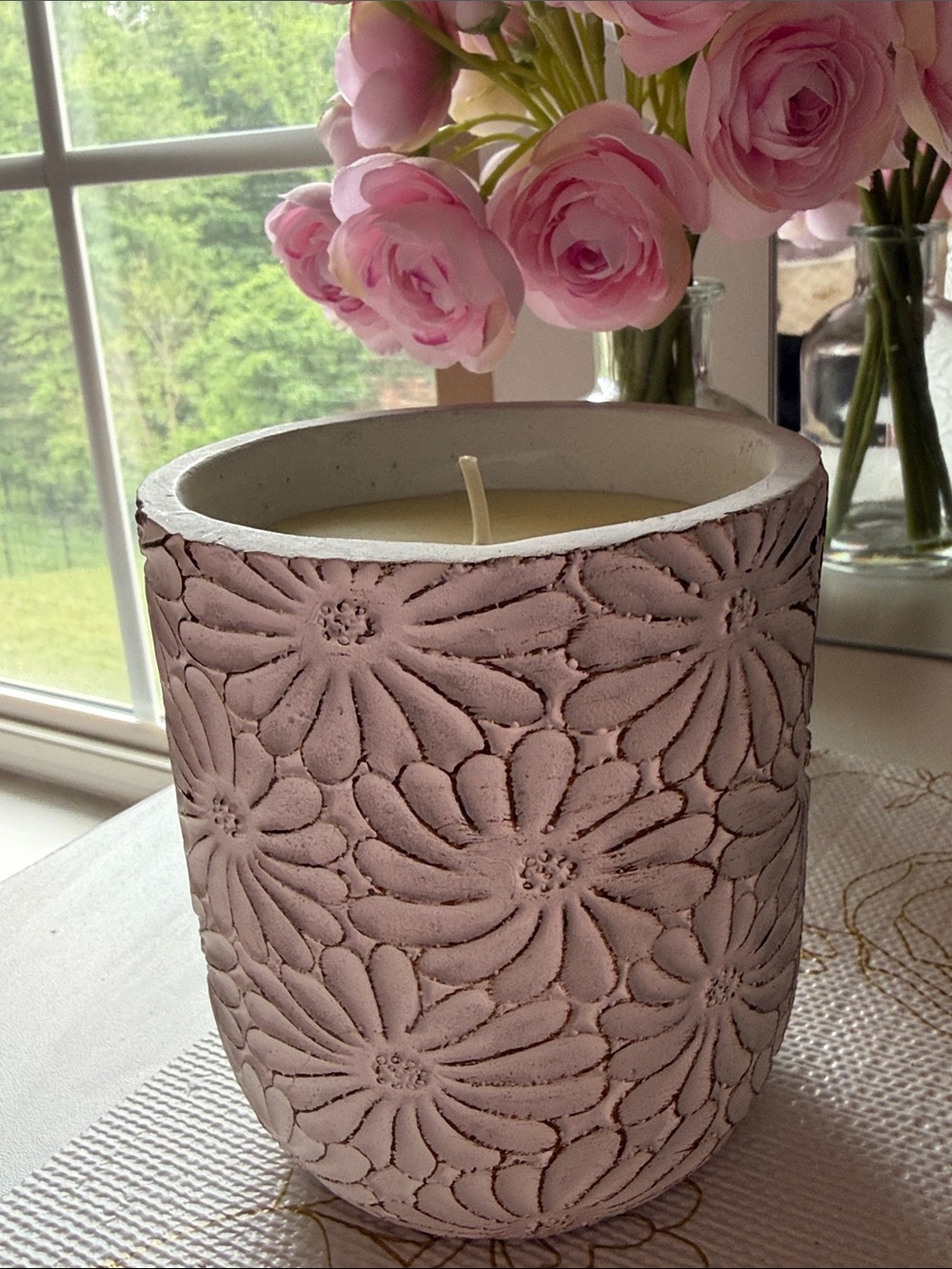 Decorative Cream Floral Embossed Scented Candle - Home Accents